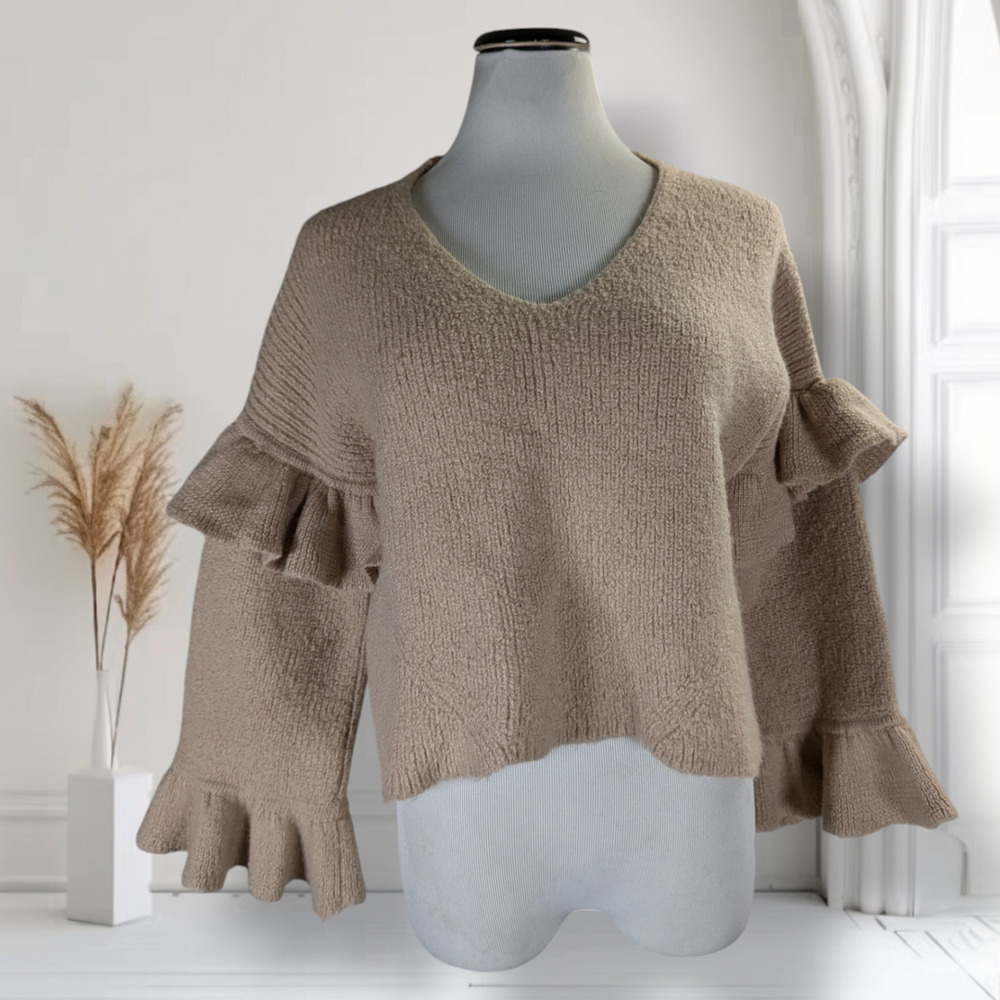 Eleven Six Lola Baby Alpaca Sweater XS S Camel Ruffle Sleeve Cropped Peru